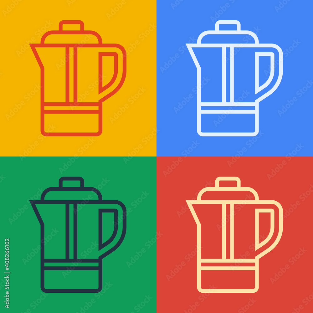 流行艺术线条茶壶图标在彩色背景上隔离。矢量。