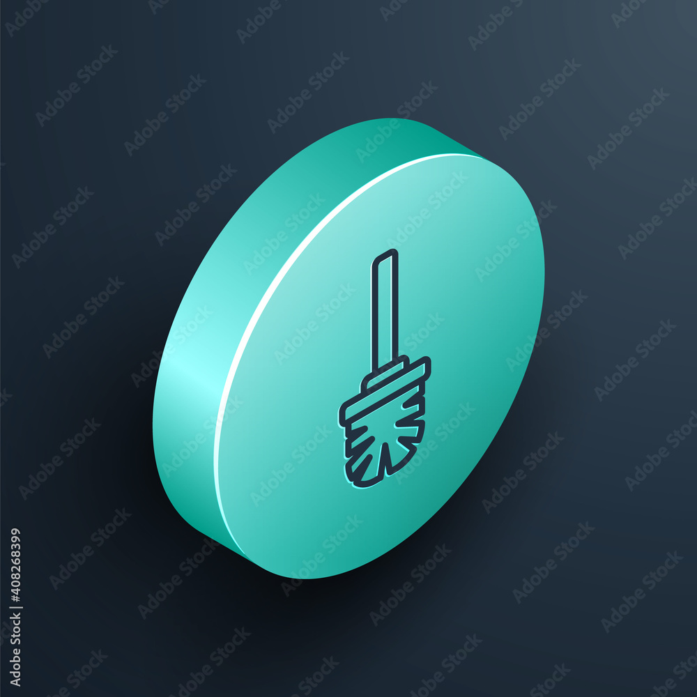 Isometric line Toilet brush icon isolated on black background. Turquoise circle button. Vector.