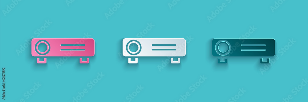 Paper cut Presentation, movie, film, media projector icon isolated on blue background. Paper art sty