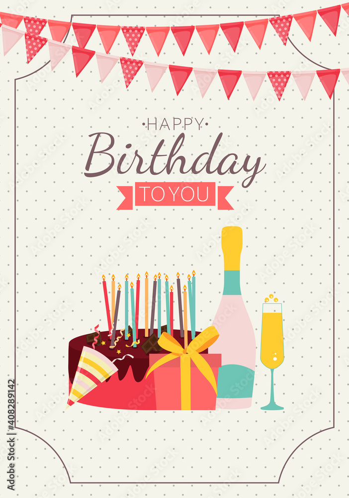 Cute Happy Birthday Background with Gift Box, Cake and Candles. Design Element for Party Invitation,