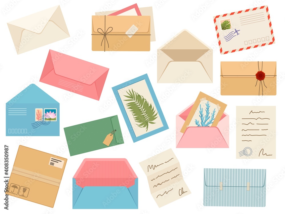 信件、卡片和信封。明信片、带有邮戳、蜡封和邮票的纸质邮件，而不是