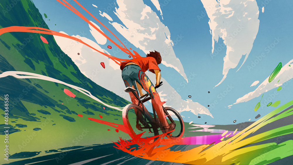骑自行车的年轻人，有着丰富多彩的能量，数字艺术风格，插图绘画