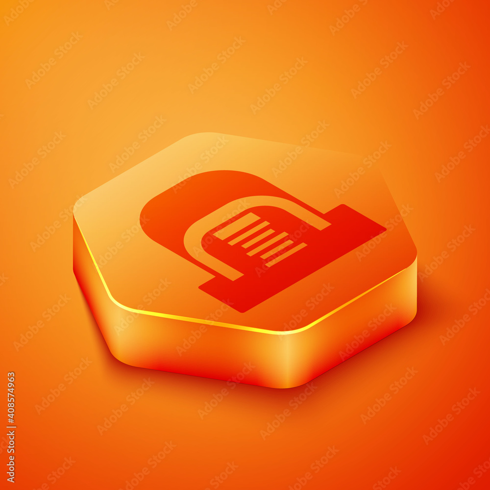 等距机库，服务器图标隔离在橙色背景上。服务器，数据，网络主机。橙色