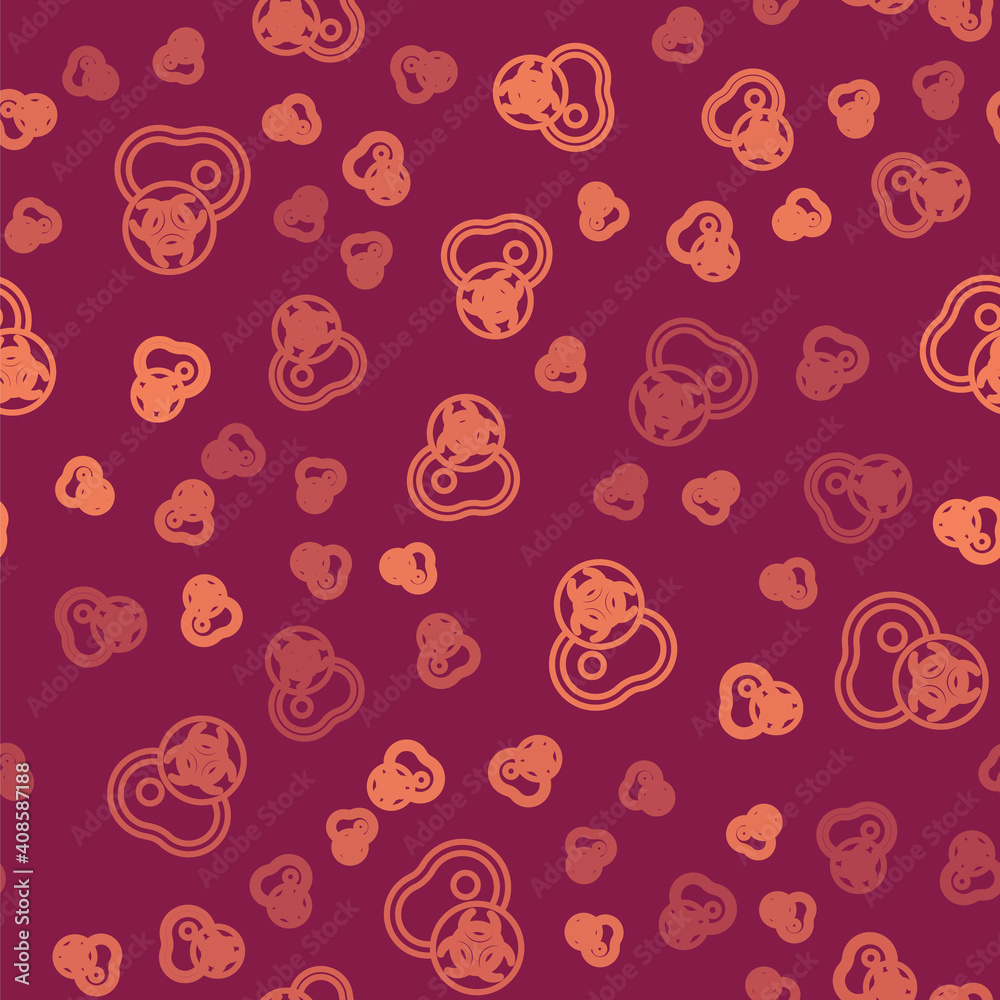 Brown line Genetically modified meat icon isolated seamless pattern on red background. Syringe being