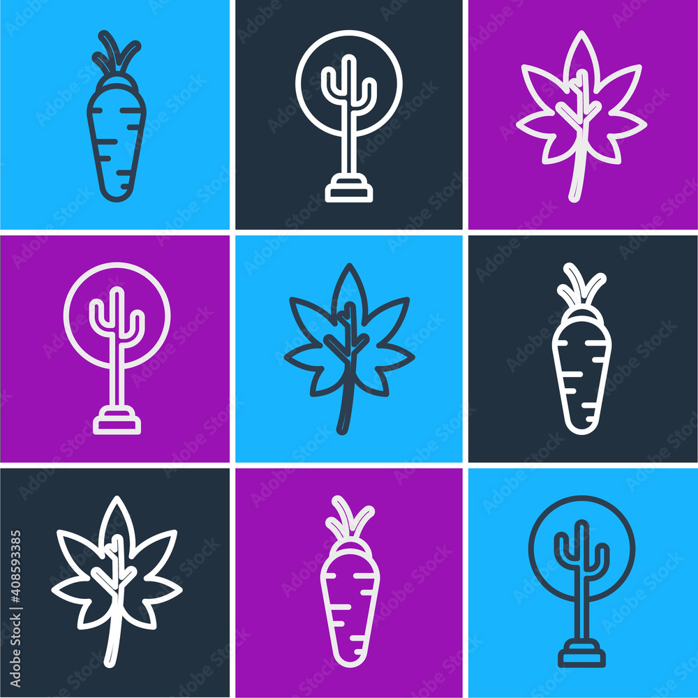Set line Carrot, Leaf or leaves and Tree icon. Vector.