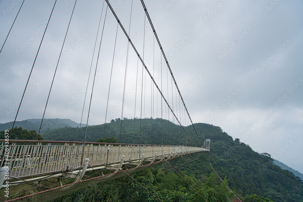 吊桥连接两座山。茶、竹子、槟榔树、牛白鹭迁徙
