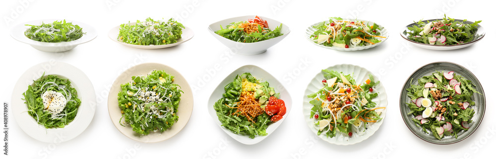 Collage of different arugula salads on plates against white background