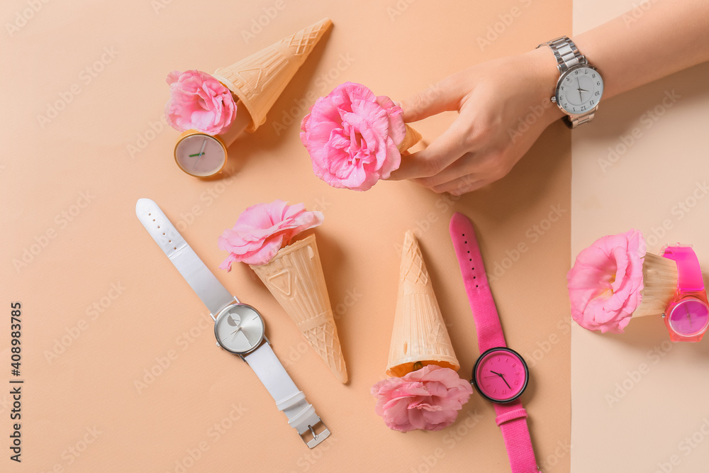 彩色背景女性腕表和时尚腕表
