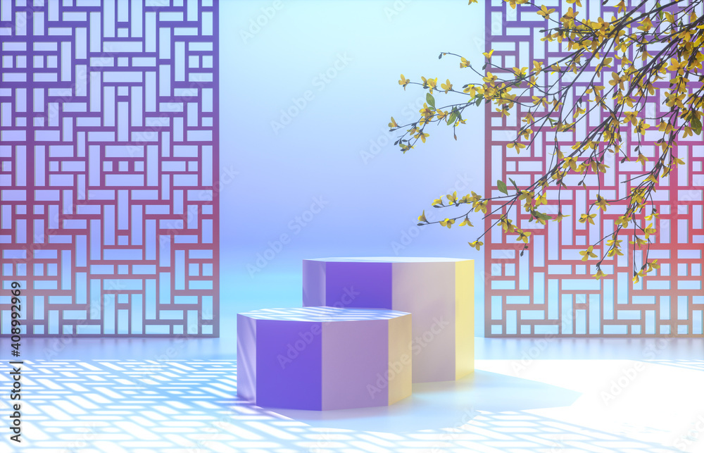 Chinese background with podium for product display. 3d render.