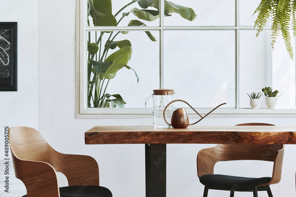 餐厅的室内设计，配有时尚的工艺木制家庭餐桌、椅子和一排植物，获胜