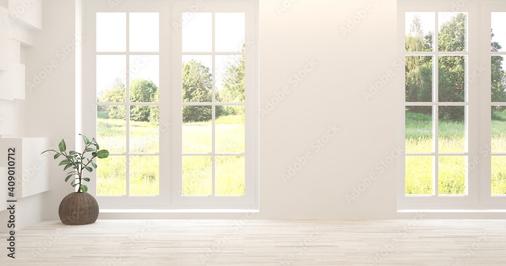 时尚的白色空房间，窗户上有夏季风景。斯堪的纳维亚室内设计。3D