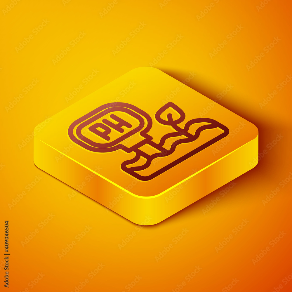 Isometric line Soil ph testing icon isolated on orange background. PH earth test. Yellow square butt