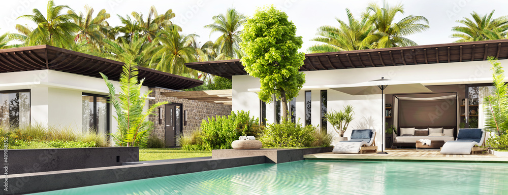 带游泳池和棕榈树的白色现代房屋外观