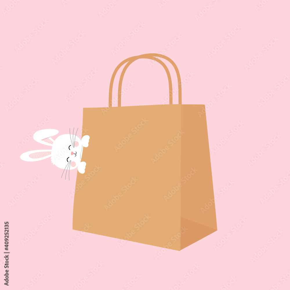 粉色背景矢量插图上带有可爱兔子的购物纸袋。