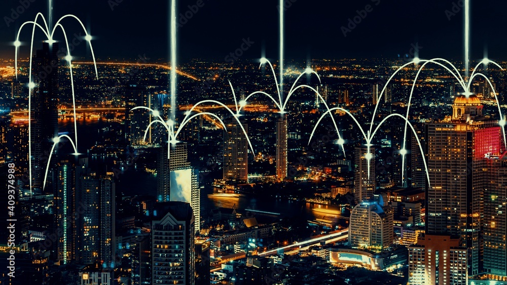 智能数字城市与全球化抽象图形显示连接网络。未来概念