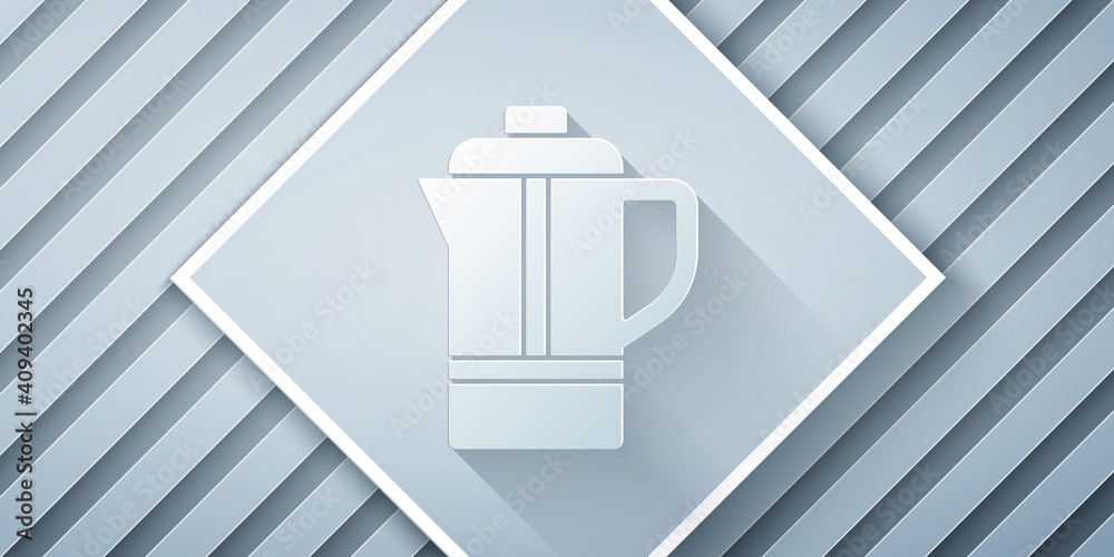 Paper cut Teapot icon isolated on grey background. Paper art style. Vector.