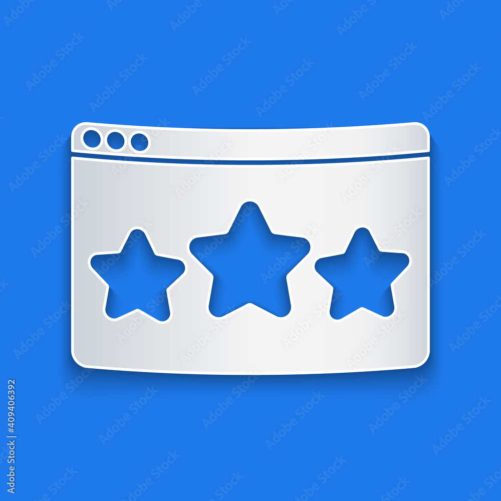 剪纸五星客户产品评级评论图标隔离在蓝色背景上。最喜欢，最好
