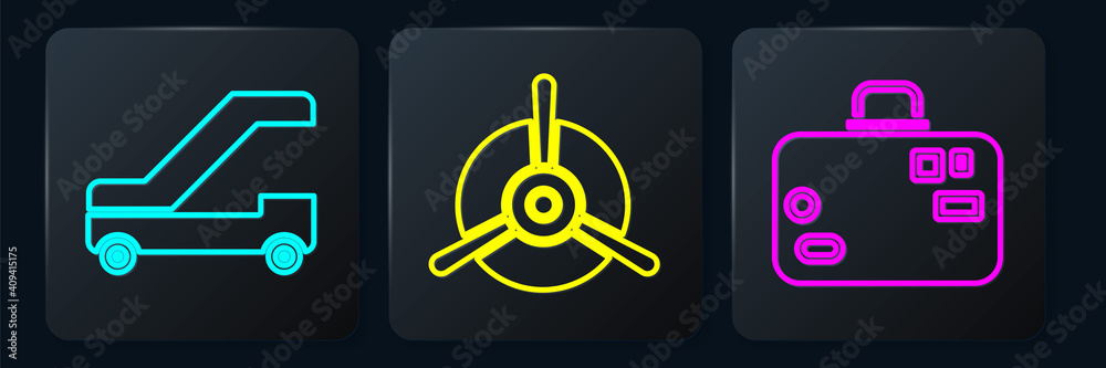 Set Isometric Passenger ladder for plane boarding, Suitcase and Plane propeller icon. Vector.