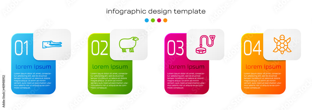 Set line Crocodile, Sheep, Collar with name tag and Turtle. Business infographic template. Vector.