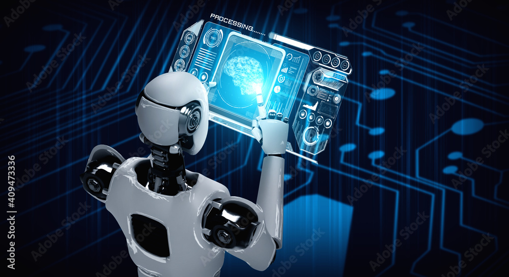 在人工智能思维大脑、人工智能和m的概念中使用平板电脑的人形机器人