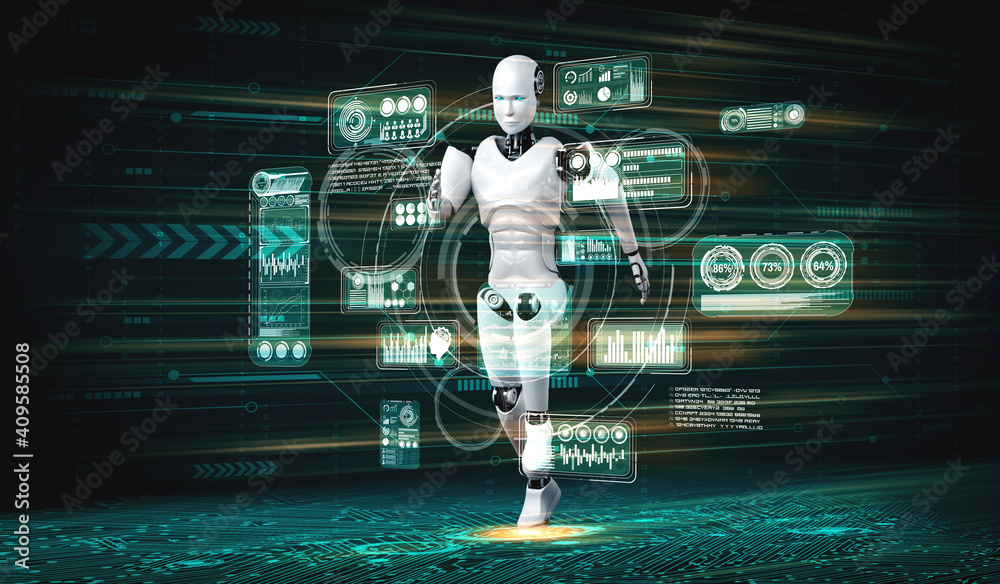 跑步机器人人形机器人在未来创新发展的概念中展现出快速运动和活力