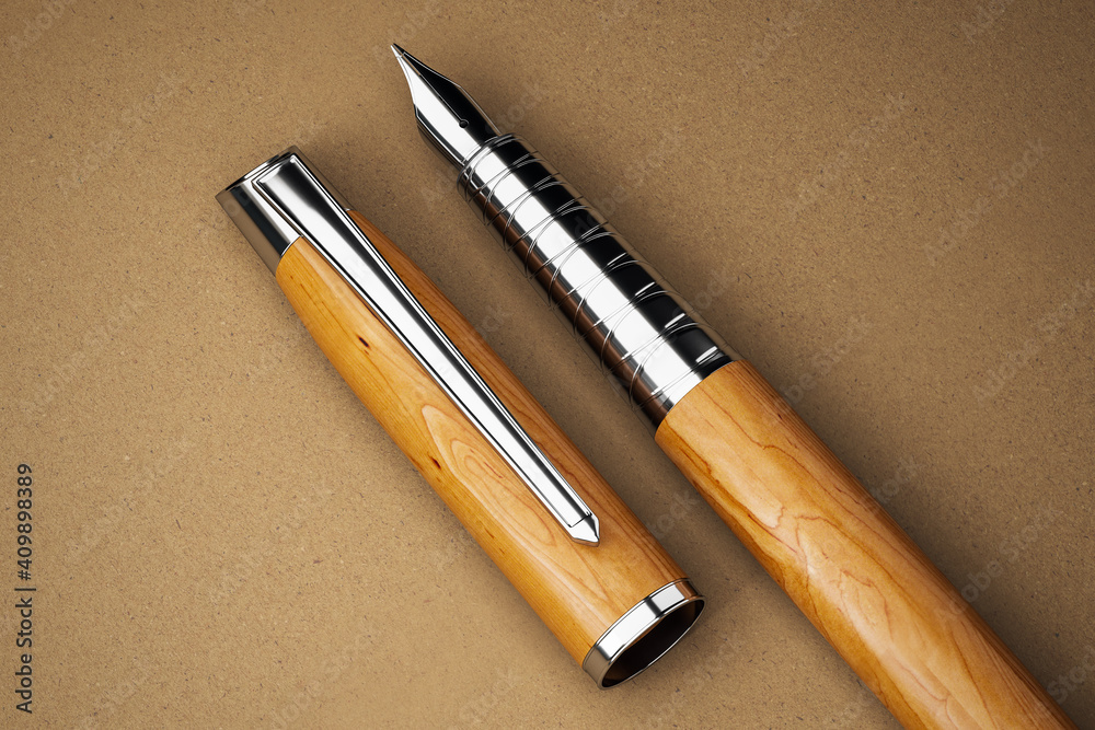 棕色背景的优雅木制自来水笔。