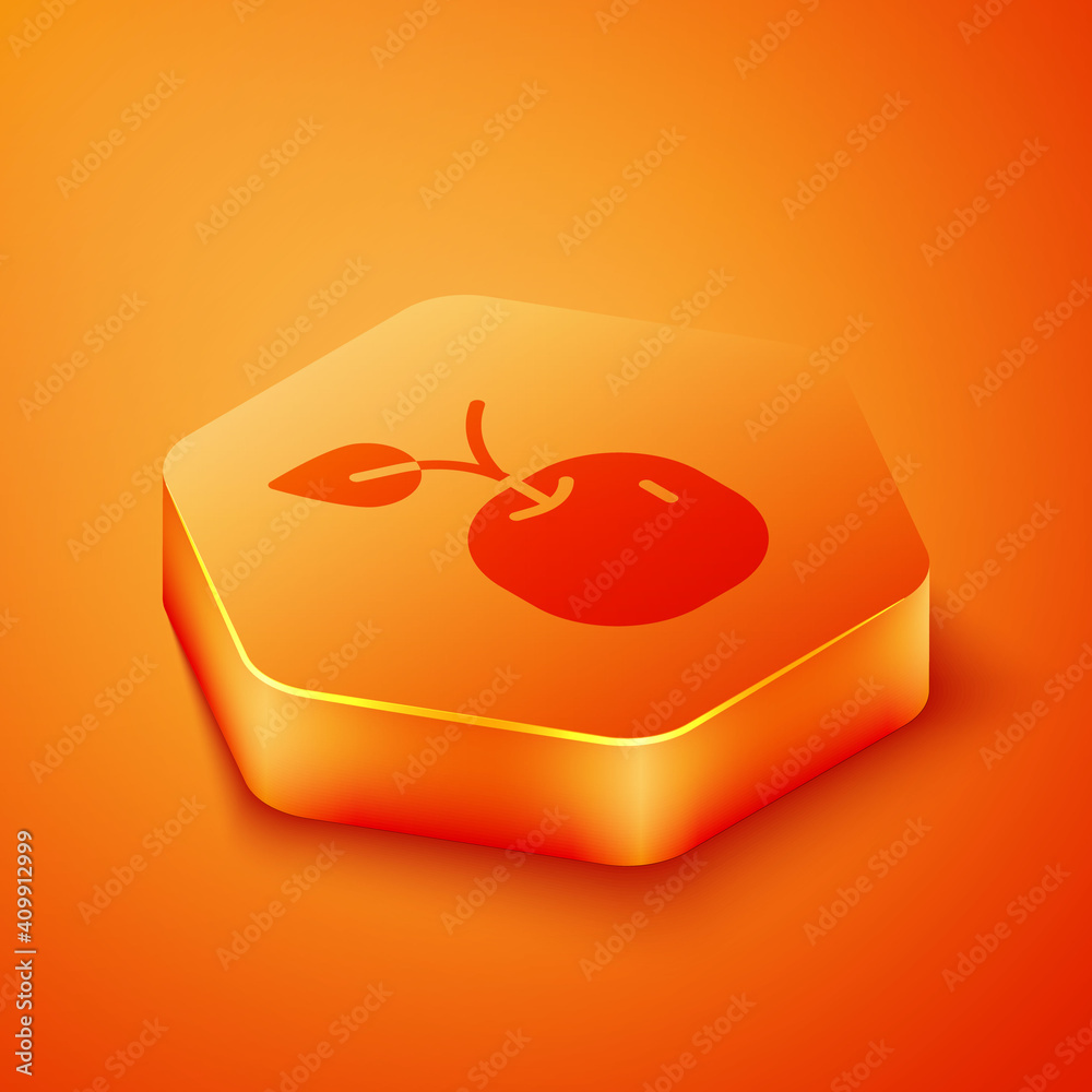 橙色背景上隔离的等距苹果图标。带叶子符号的水果。橙色六边形按钮。V