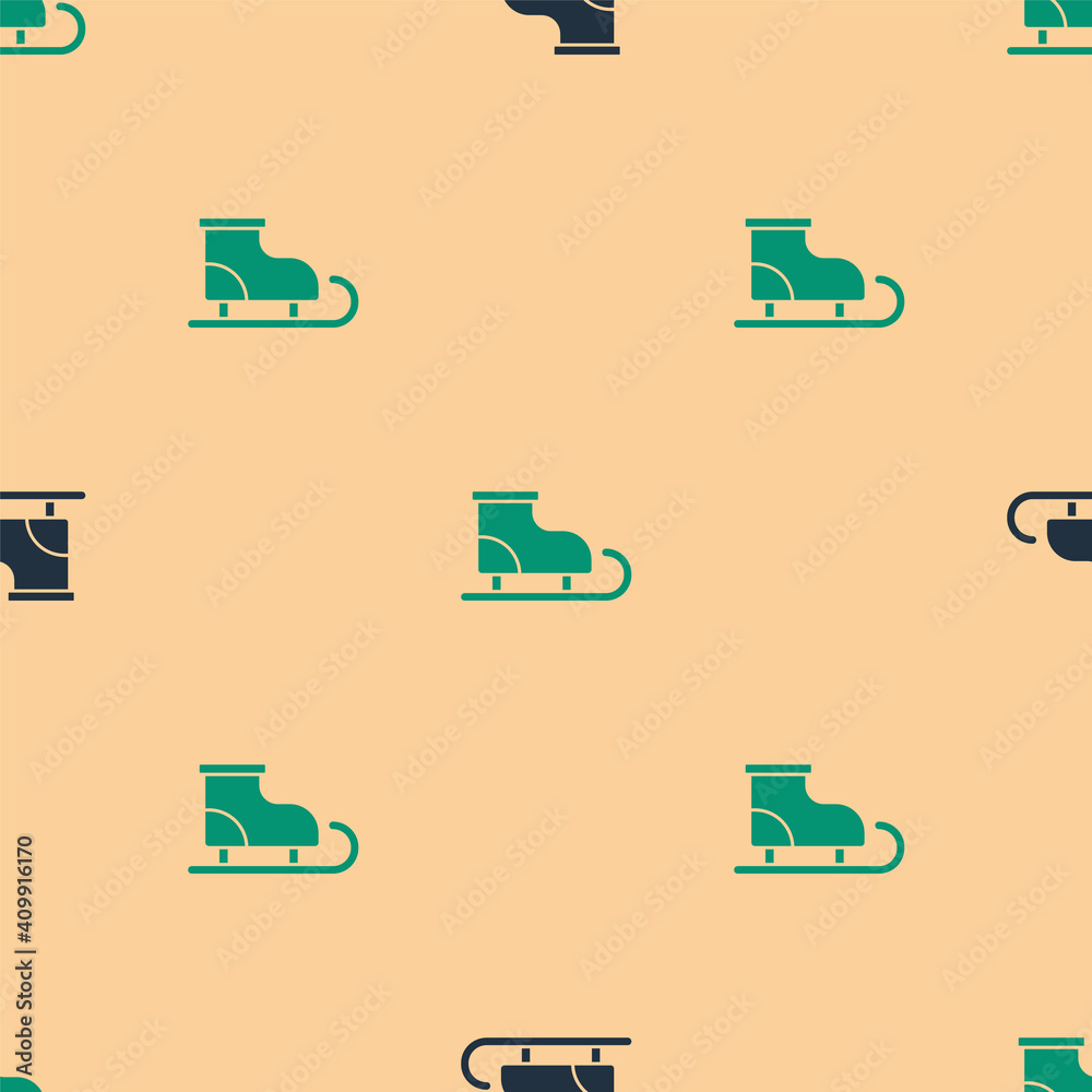 Green and black Figure skates icon isolated seamless pattern on beige background. Ice skate shoes ic