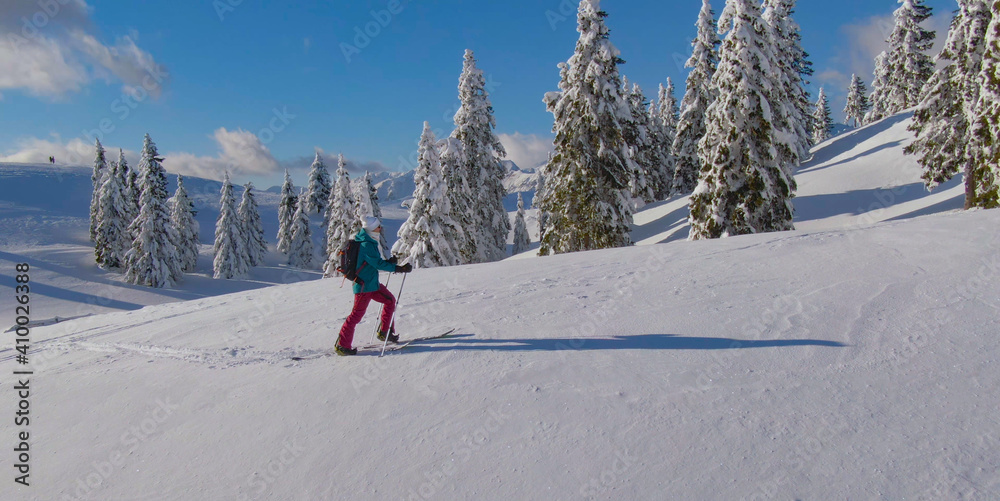 复制空间：一位身材健美的年轻女子在一次分板旅行中徒步登上雪山