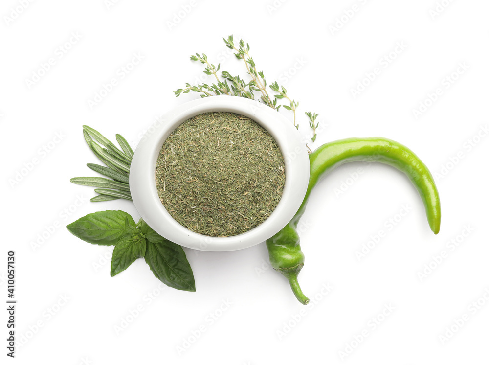 Dried and fresh herbs on white background