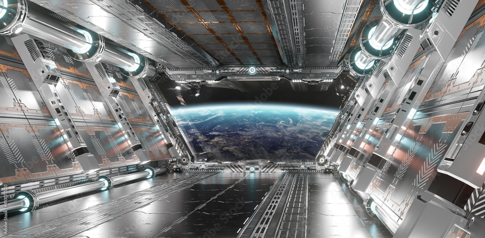 白色和银色的未来太空船内部，带有地球3d渲染窗口视图
