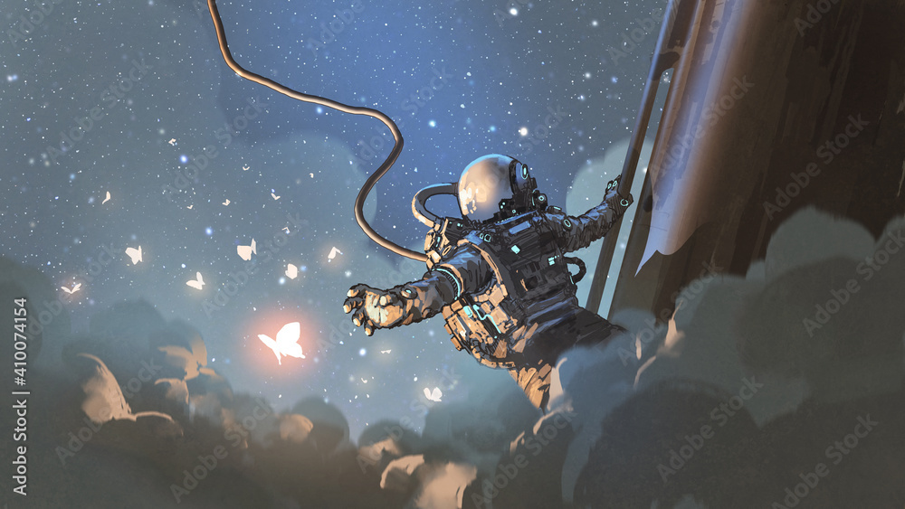 宇航员伸手去捕捉天空中发光的蝴蝶，数字艺术风格，插图