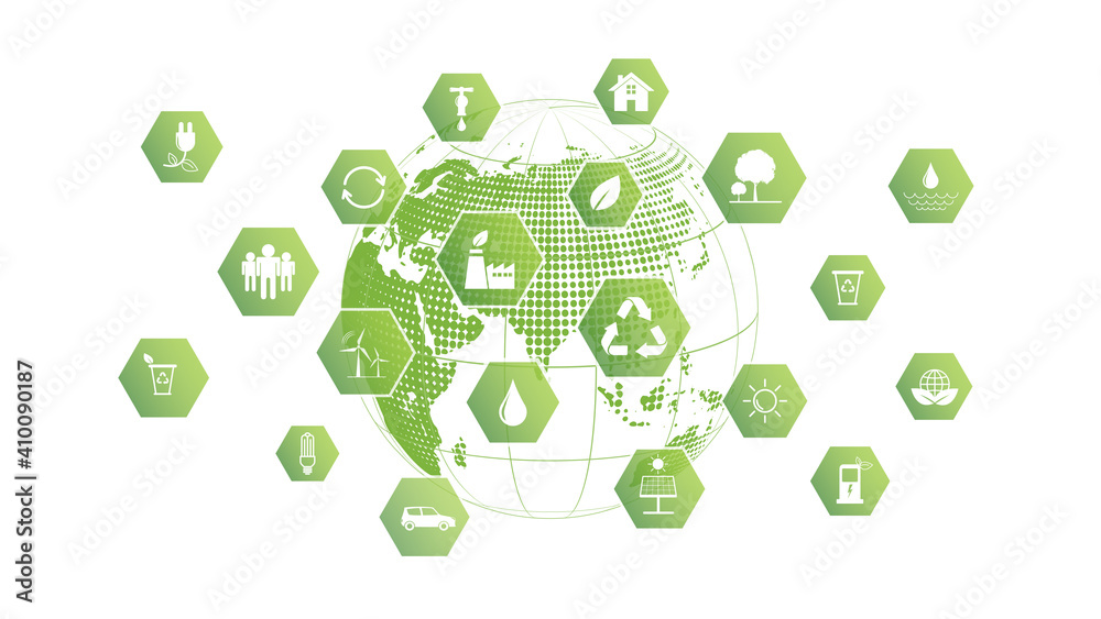 带有平面图标的可持续发展概念的全球绿色商业模板和背景
