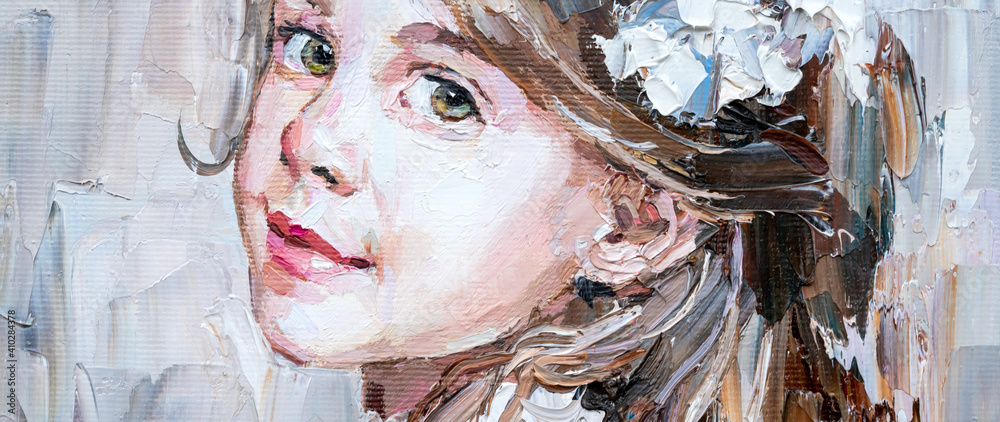 艺术绘画。一个红唇女孩的肖像是以经典风格制作的。背景是灰色的。
