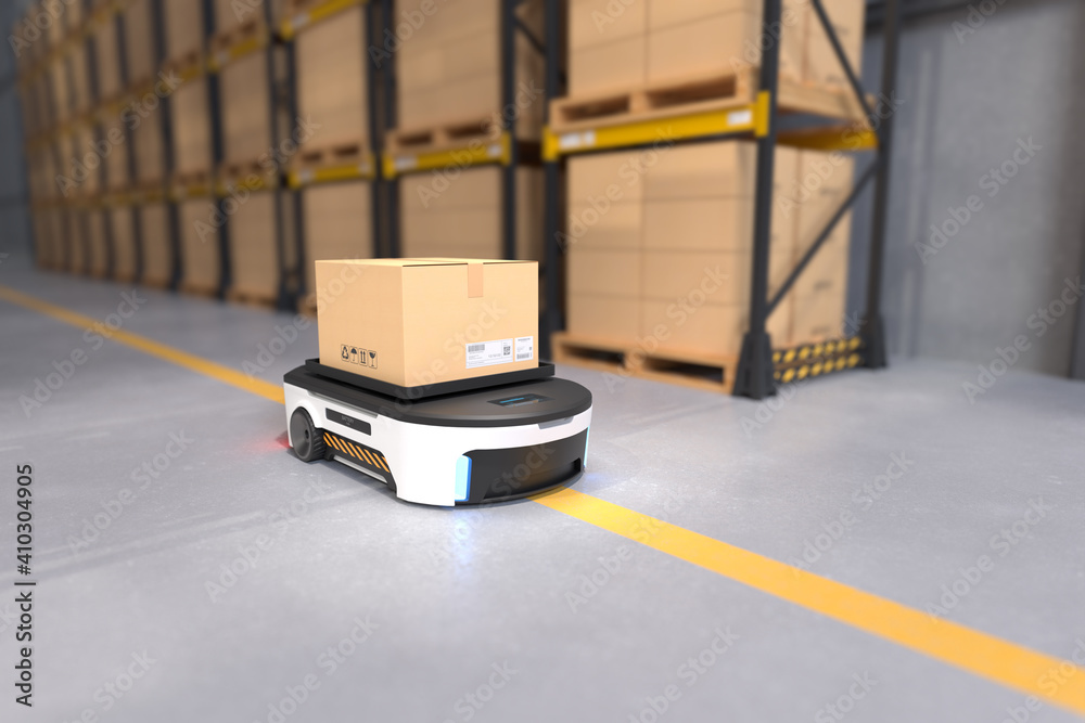 Autonomous Robot transportation in warehouses, Warehouse automation concept.