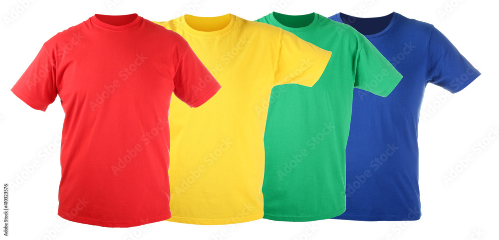 Collection of bright t-shirts on white background