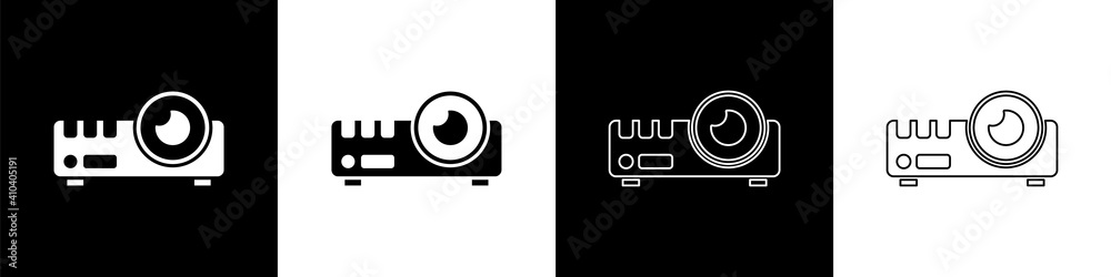 设置演示文稿、电影、电影、媒体投影仪图标隔离在黑白背景上。矢量。