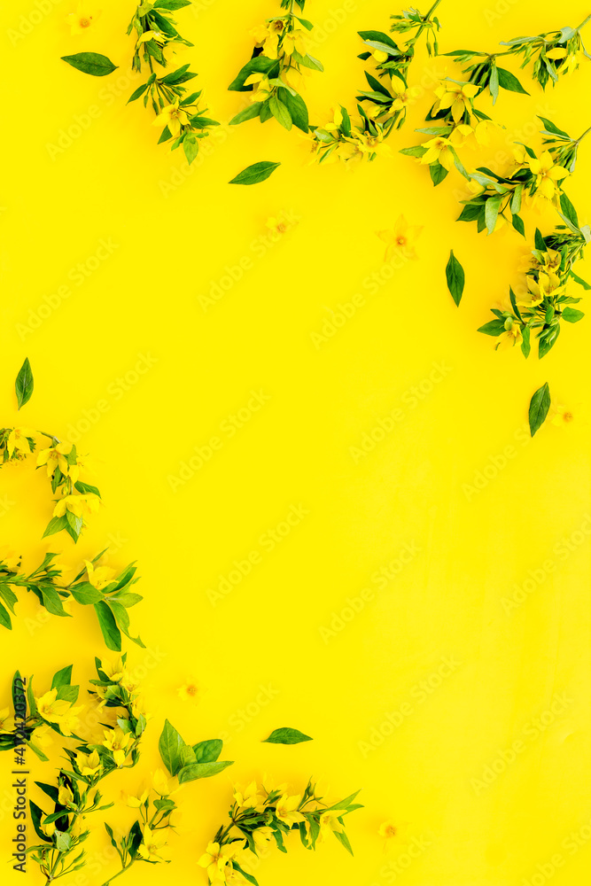 带叶子的黄色花朵框架。春天野花的花环
