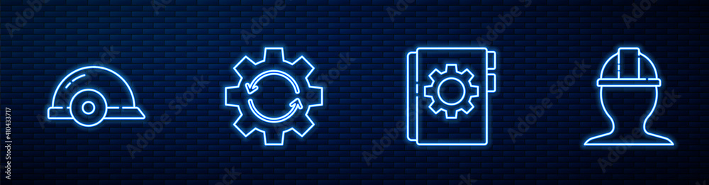 Set line User manual, Worker safety helmet, Gear and arrows as workflow and . Glowing neon icon on b