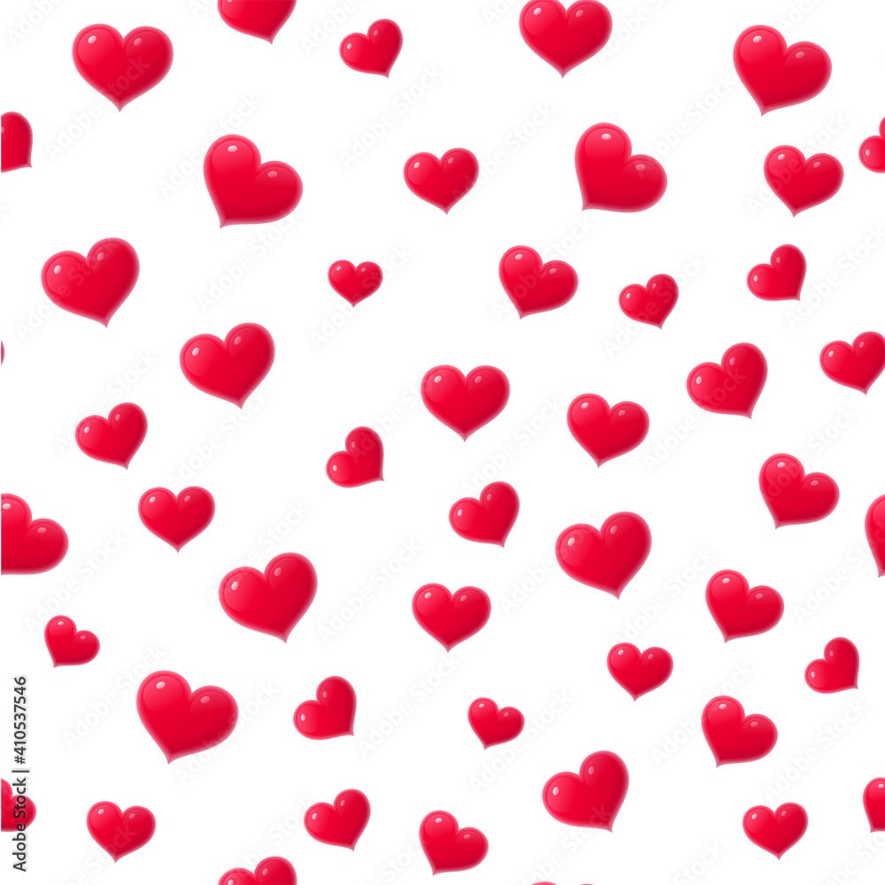 Seamless pattern with red glossy hearts. Valentines Day, card, wedding invitation element. Repeating