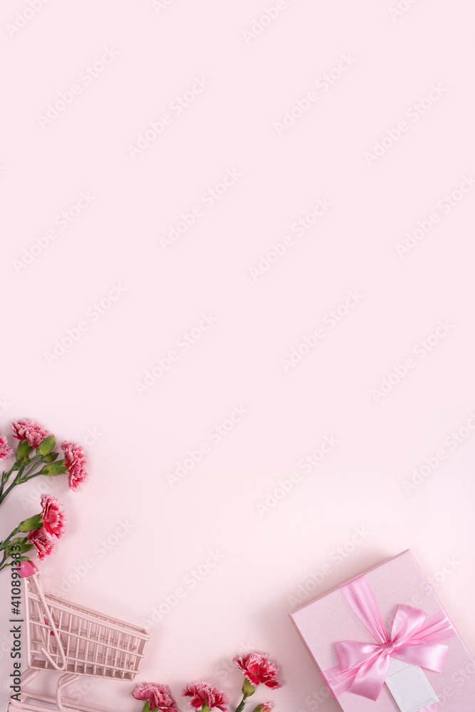 粉色背景康乃馨花束的母亲节节日问候概念