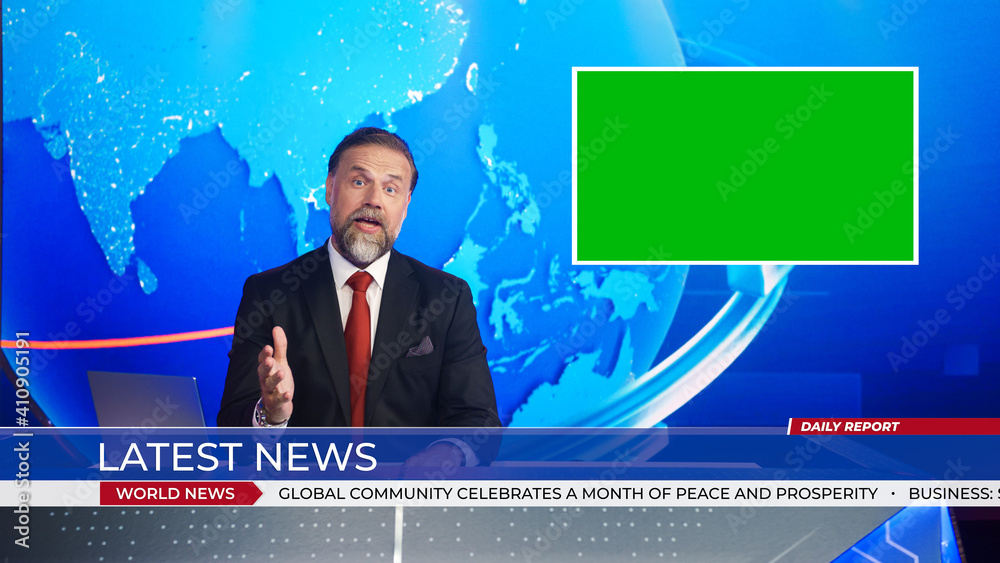Live News Studio with Handsome Male Newscaster Reporting on a Story, Uses Green Chroma Key Screen Pl