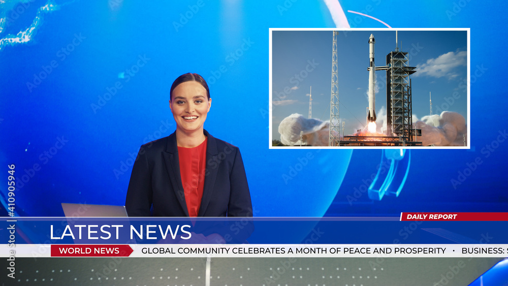 Live News Studio with a Beautiful Female Anchor Reporting on a Successful Rocket Launch, Montage Sho