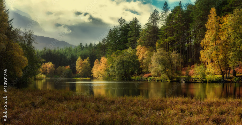 山间湖面上的秋日树林