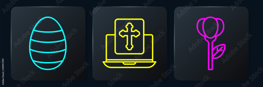 在笔记本电脑屏幕上设置复活节彩蛋、花朵郁金香和十字架。黑色方形按钮。矢量。