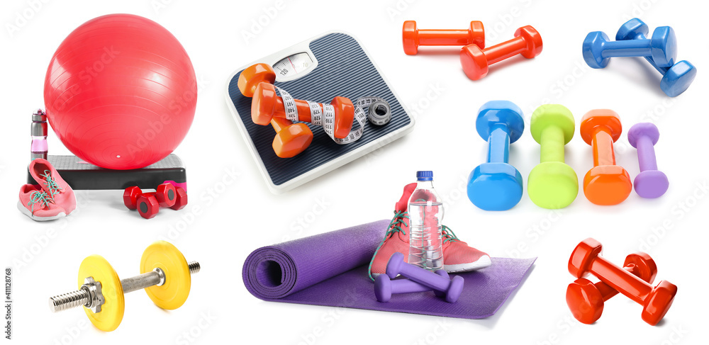 Set of sports equipment and weight scales on white background