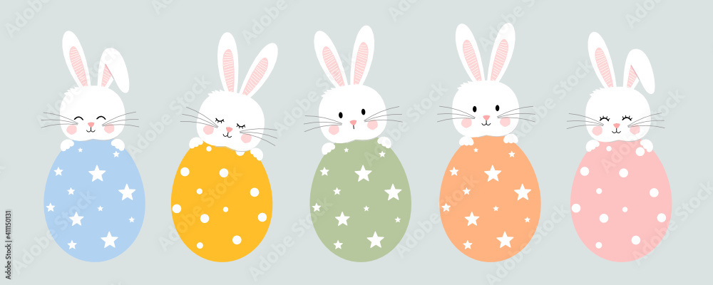 白色背景矢量插图上有鸡蛋图标的复活节兔子。