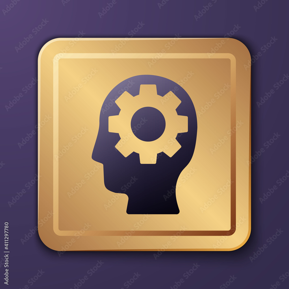 Purple Human head with gear inside icon isolated on purple background. Artificial intelligence. Thin