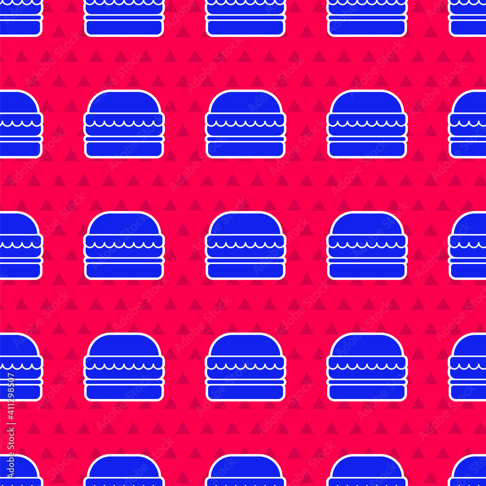 蓝色汉堡图标红色背景上的隔离无缝图案。汉堡图标。奶酪汉堡三明治