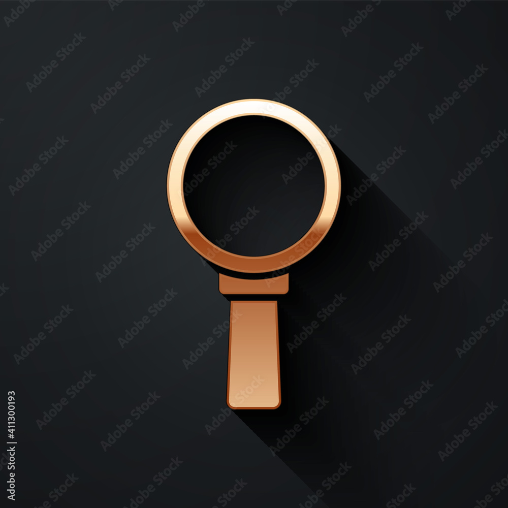 Gold Magnifying glass icon isolated on black background. Search, focus, zoom, business symbol. Long 